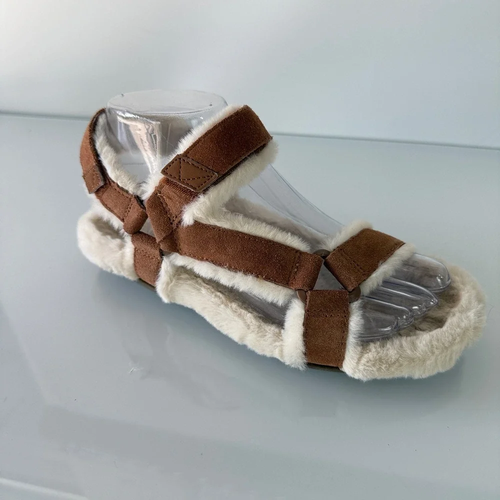Vionic Viva Sandals Womens 6 Toffee Brown Suede Faux‎ Fur Strappy Orthotic 11298
